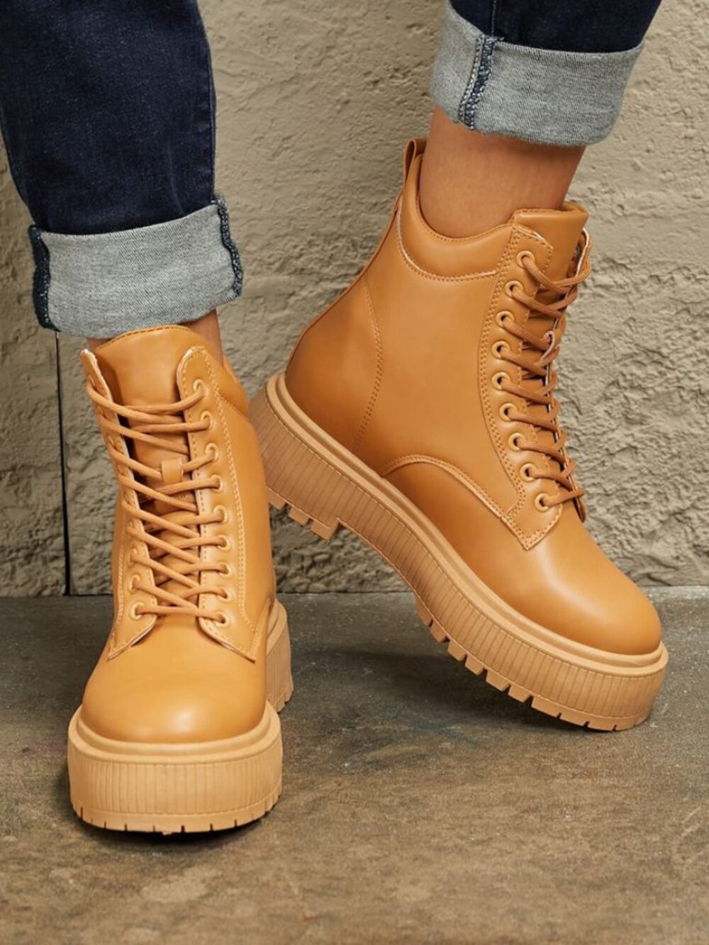Caramel Platform Combat Boots | Lace-Up Lug Sole Ankle Boots